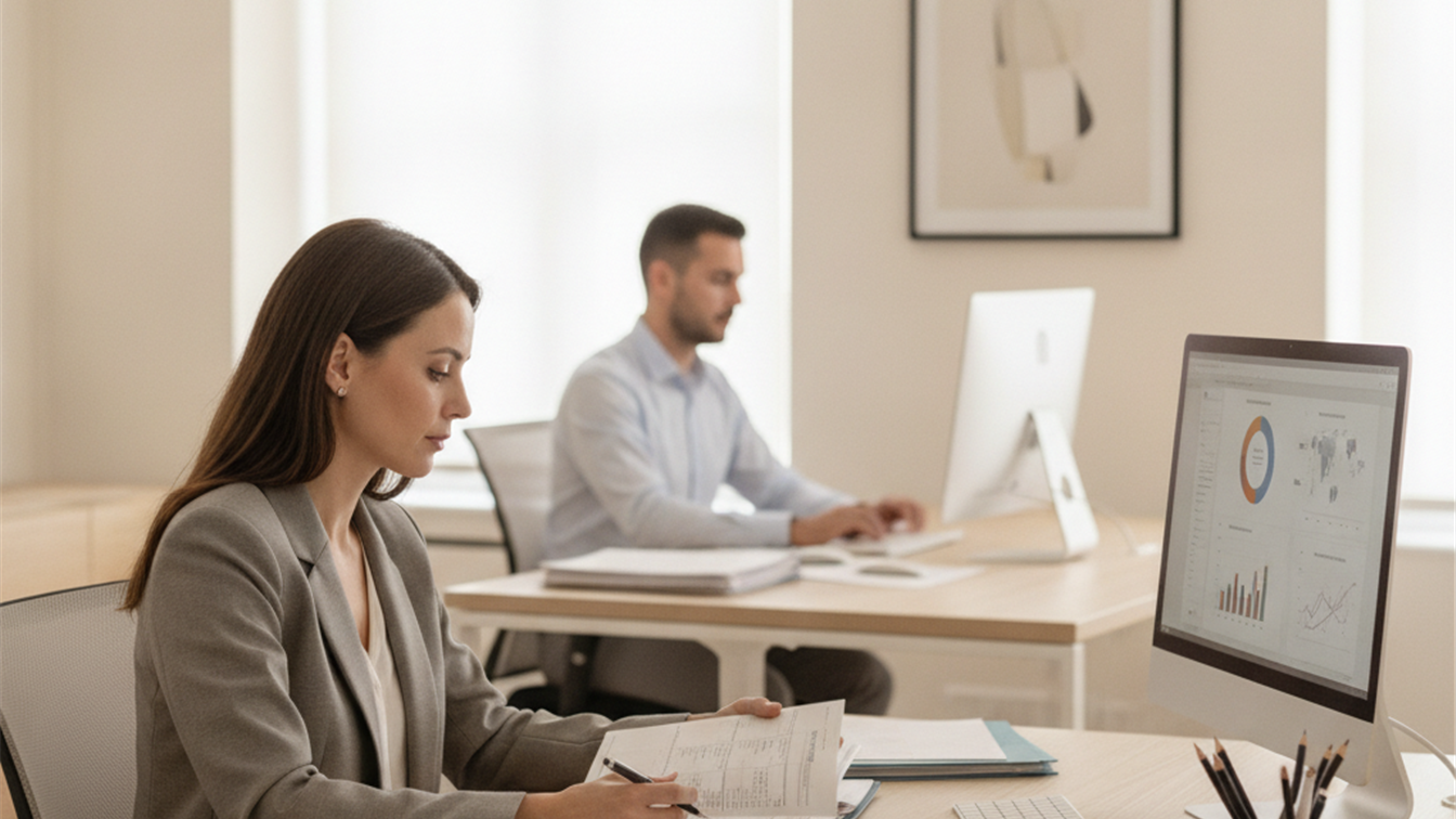 Profesional española revisando planificación de jornada laboral en oficina
