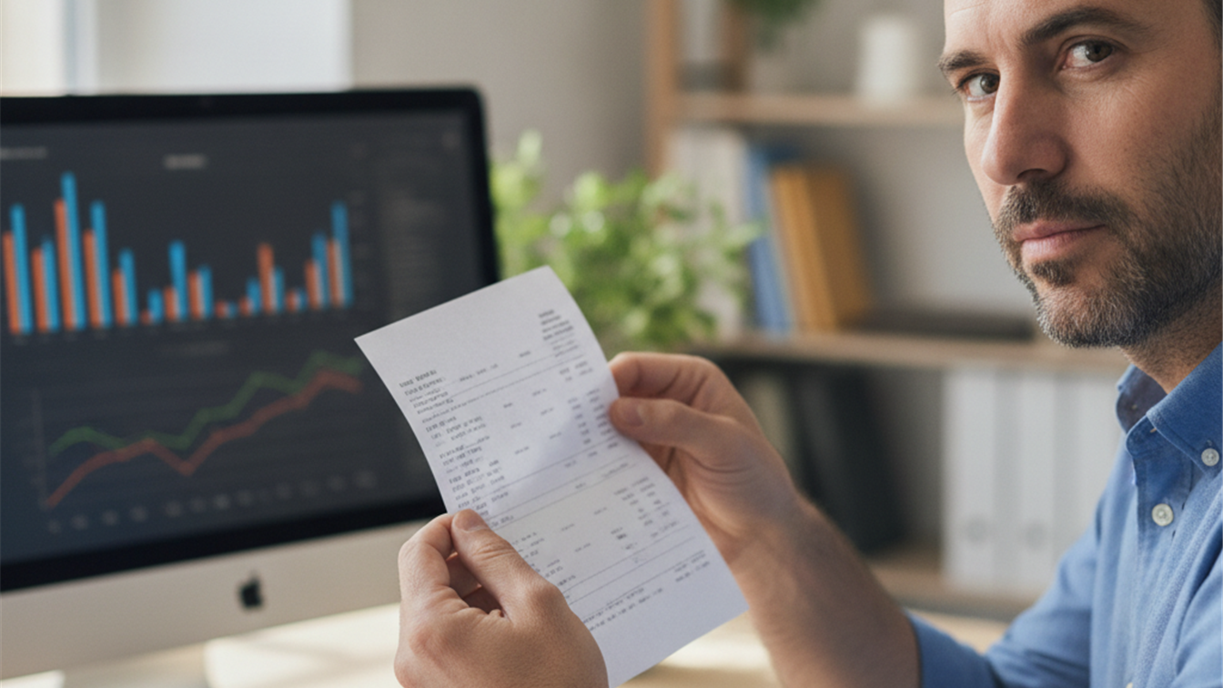 Trabajador revisando su nomina junto a un ordenador con graficos financieros