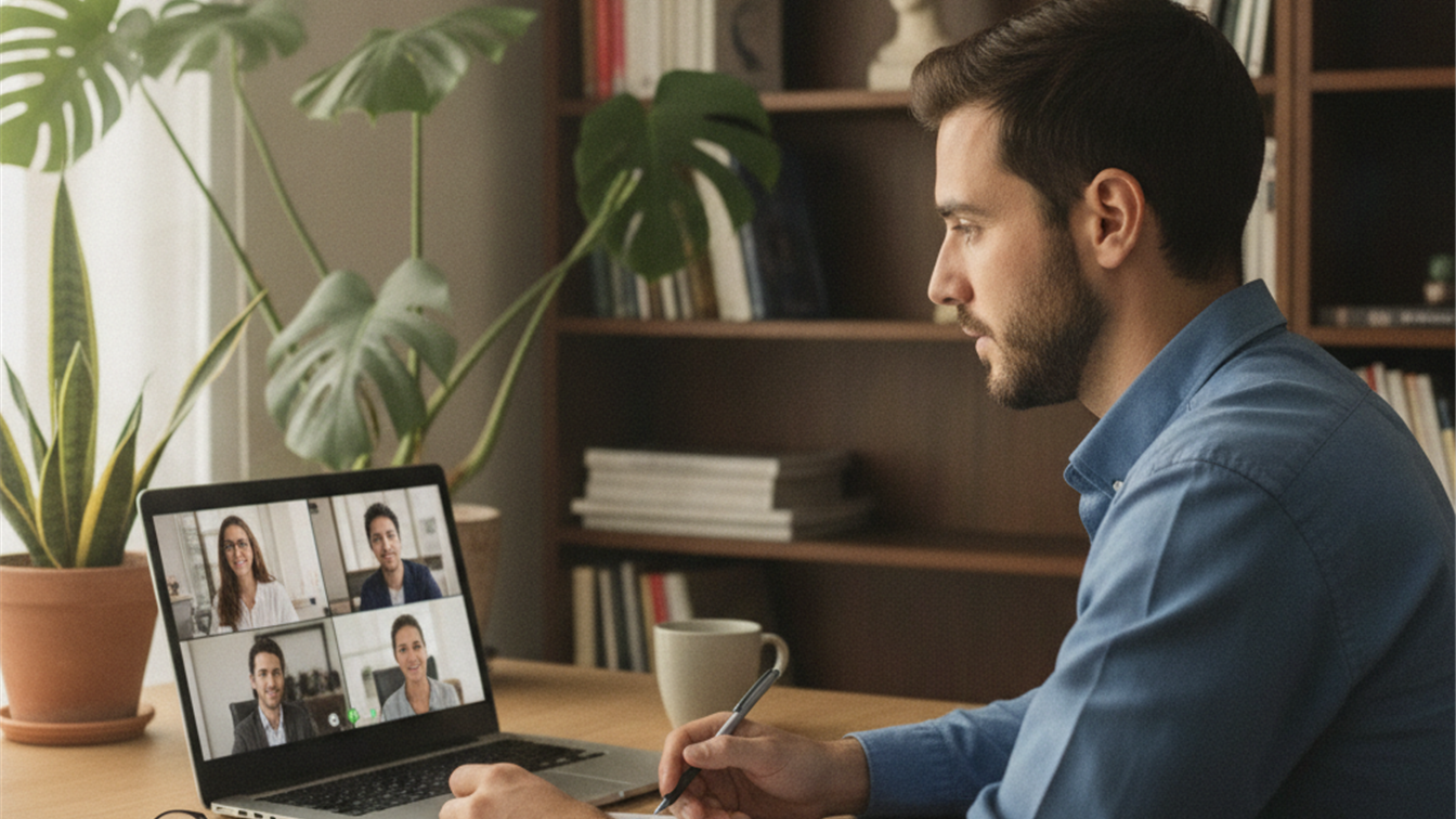 Persona trabajando en videollamada desde casa