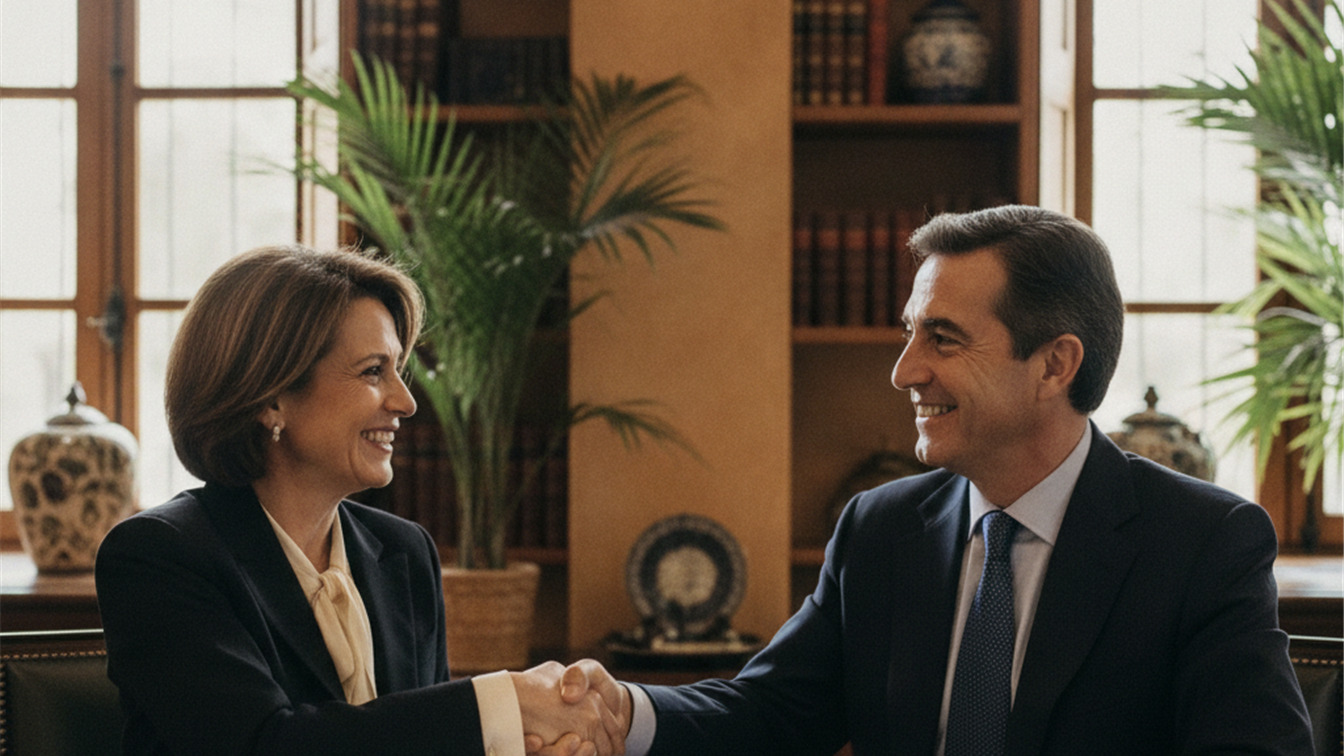 Profesionales firmando contrato de trabajo en oficina española