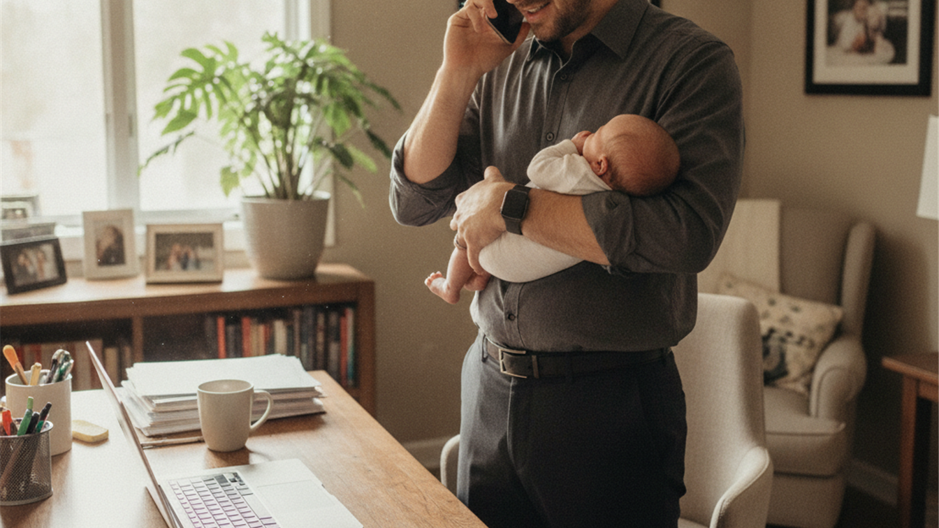 Padre con bebé trabajando desde casa en España 2026