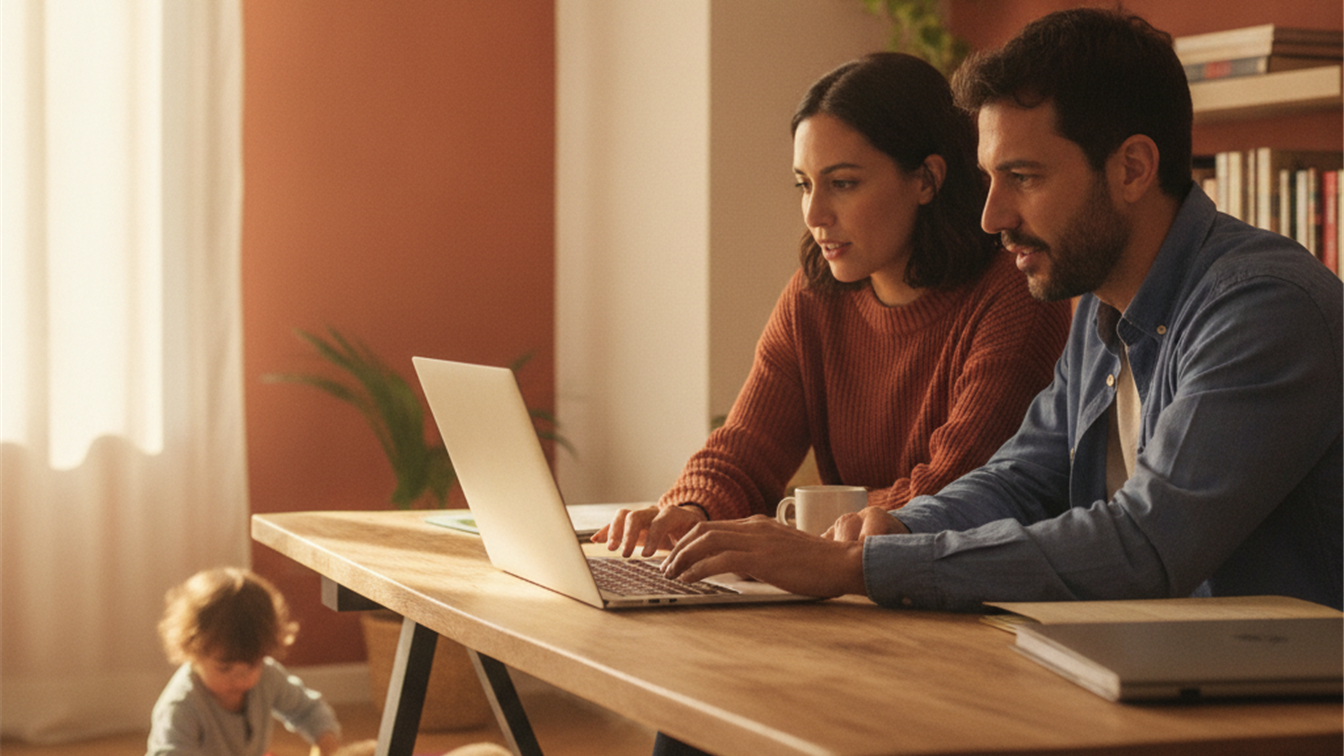 Profesionales espanoles conciliando trabajo y familia con teletrabajo en casa