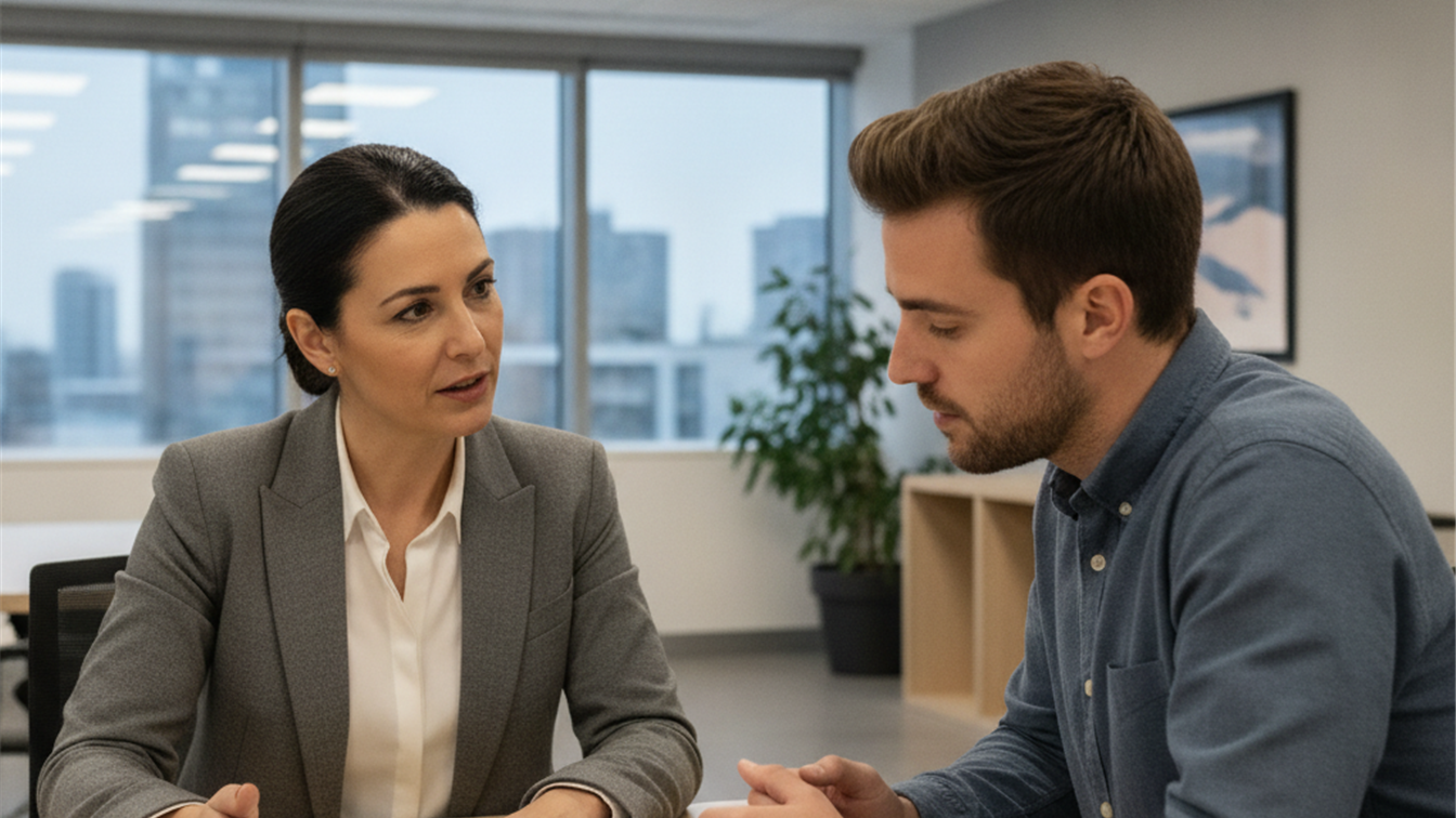 Responsable de recursos humanos explicando permisos de conciliacion a empleado en oficina espanola