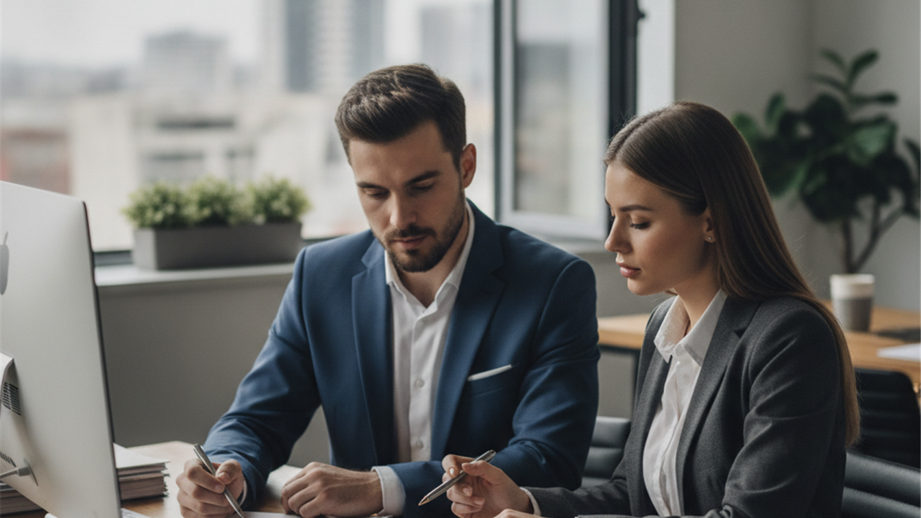 Empleado y responsable de RRHH revisando contrato de trabajo en España