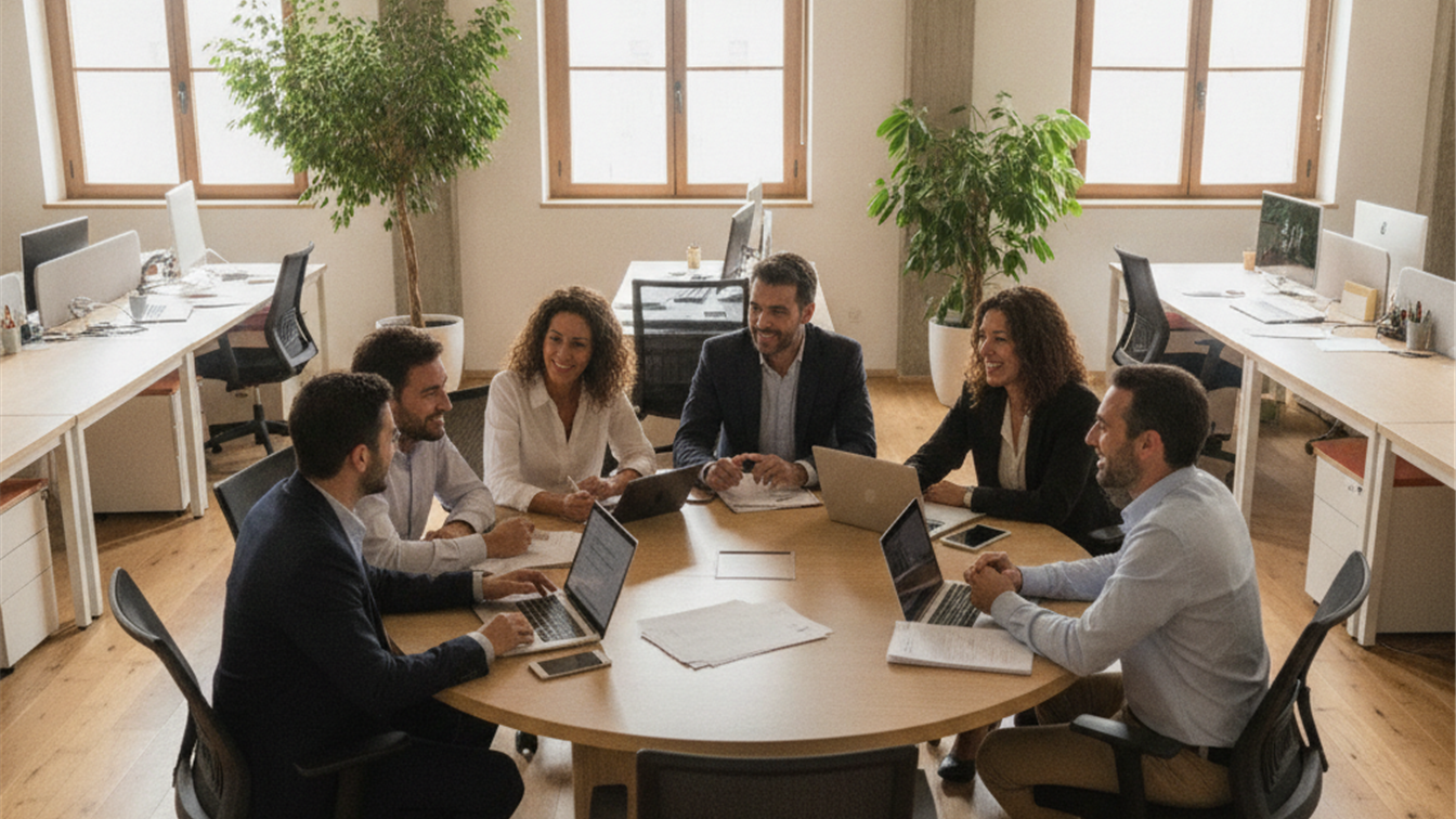 Equipo de trabajadores en oficina moderna España jornada laboral 2026