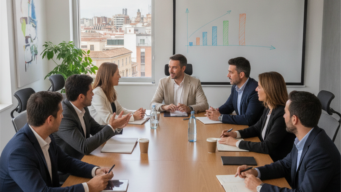 Reunión de equipo profesional en empresa española 2026