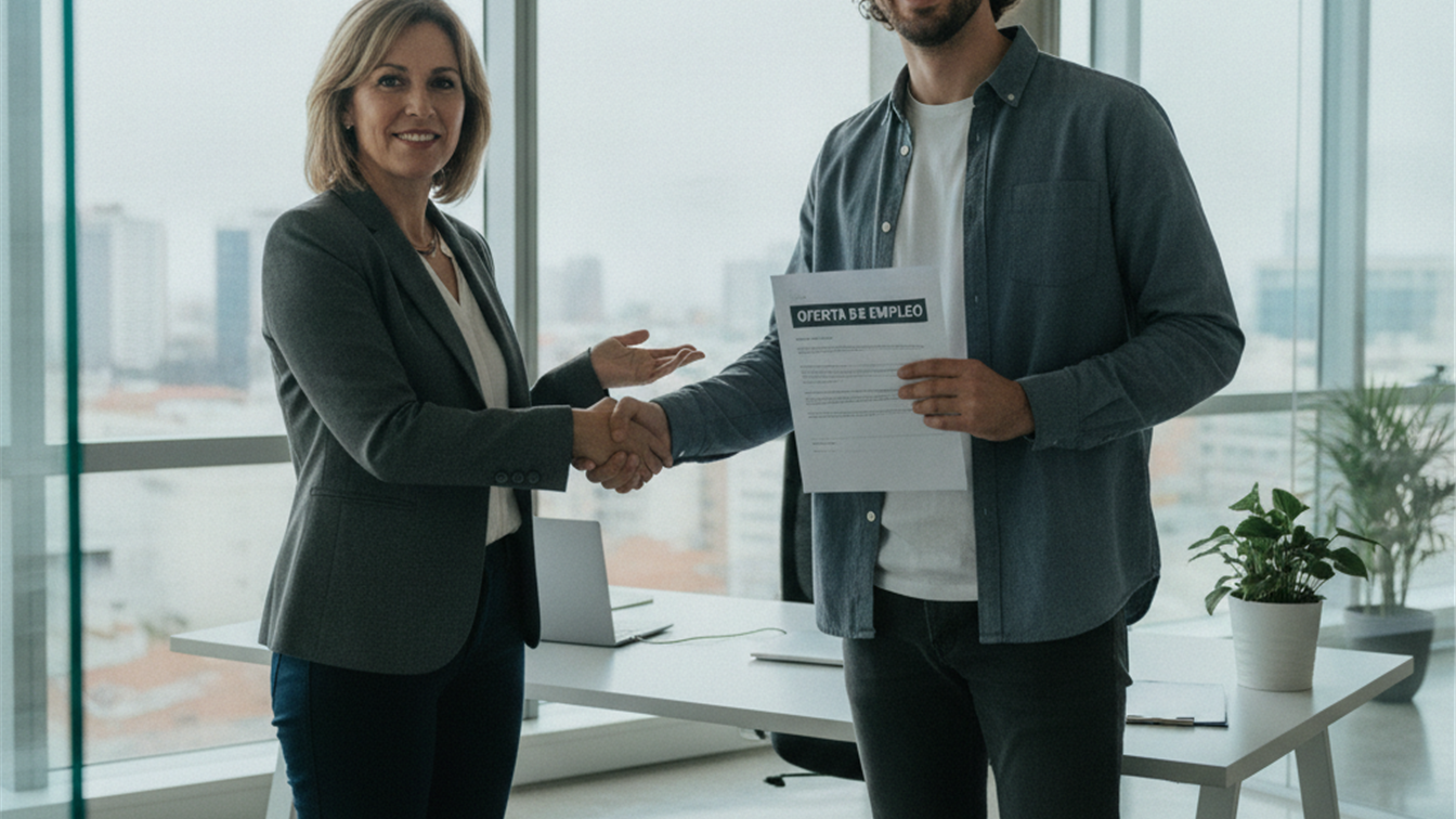 Trabajador español celebrando nueva oferta de empleo en septiembre 2026