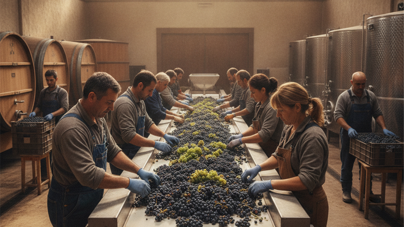 Trabajadores en bodega espanola durante la vendimia 2026