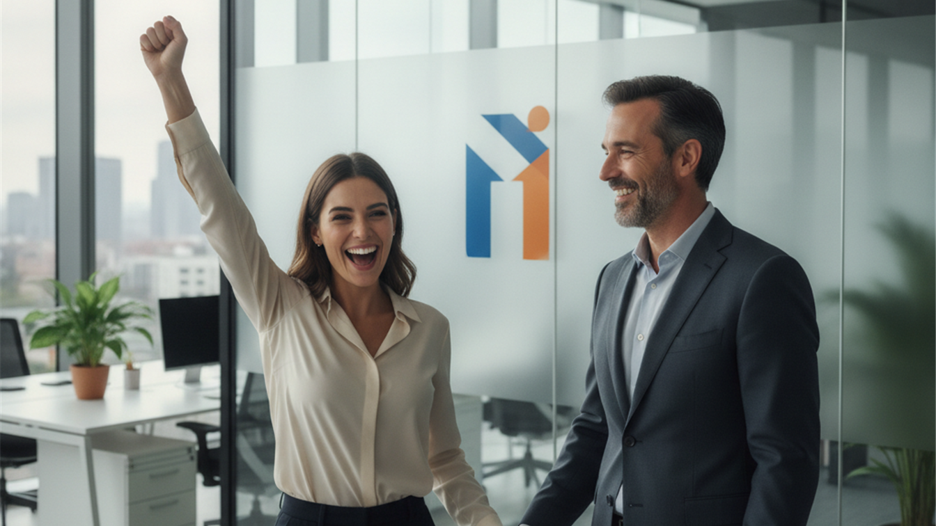 Candidato celebrando contratación en empresa española
