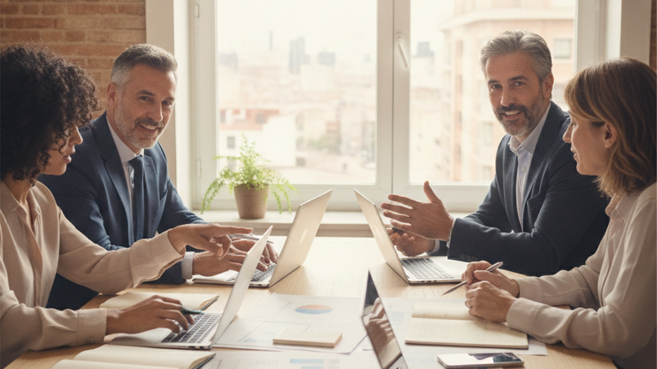 Profesionales maduros trabajando en equipo en una oficina moderna en España