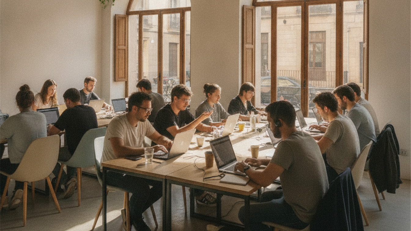 Personas buscando empleo con portátiles en un espacio de coworking en España